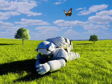 Astronaut on the field with  flowers.の写真素材