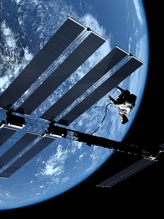 Astronauts in space around the solar batteryの写真素材