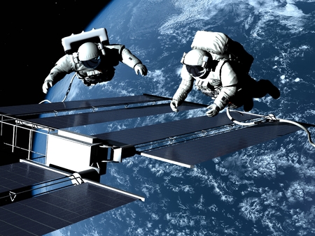 Astronauts in space around the solar battarei.Elemen ts of this image furnished by NASA