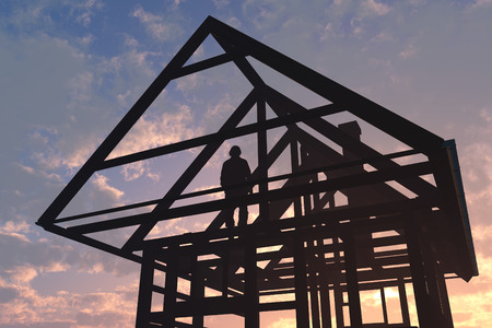 Silhouette of construction of a wooden houseの写真素材