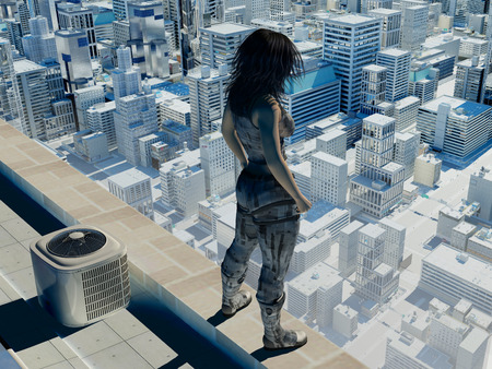 Figure of a girl on the roof of a skyscraper.の写真素材