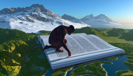 Primitive man and the book on the landscape.の写真素材