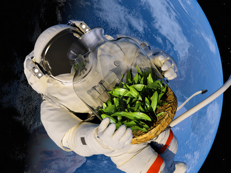 Astronaut with seedlings on the background of the planet."Elemen ts of this image furnished by NASA"の写真素材