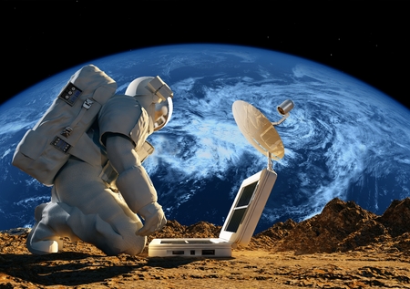 Astronaut on his knees near the solar battery. Elemen ts of this image furnished by NASA