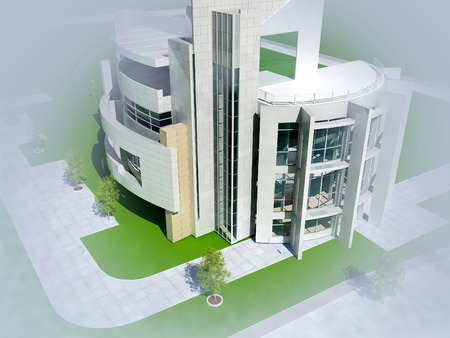 Office building in the fog.の写真素材