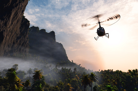 Civilian helicopter  over the island.の写真素材