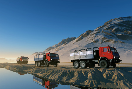 Group of trucks on the road in the mountains.の写真素材