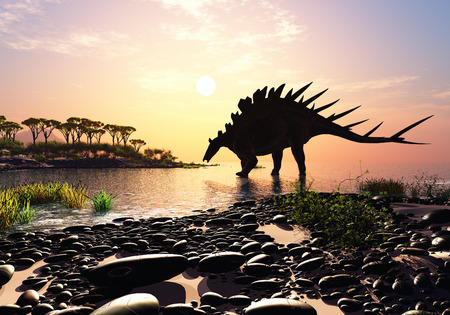 Dinosaur on the shore of the island.の写真素材