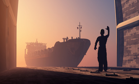 Silhouette tanker and working in the portの写真素材