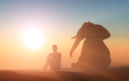 Figures elephant and man in a fog.の写真素材