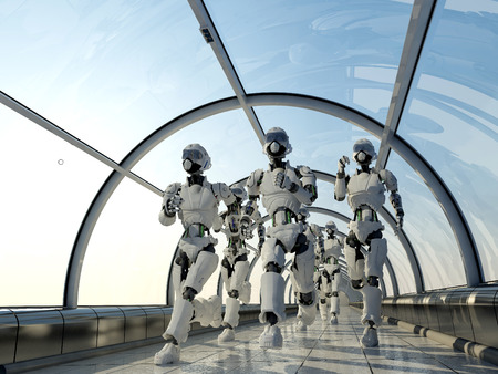 Group of robots running along the corridor.の写真素材