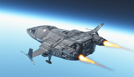 Spaceship on the background of the planet.の写真素材