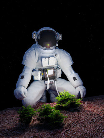 Astronaut on his knees in front of a bush.