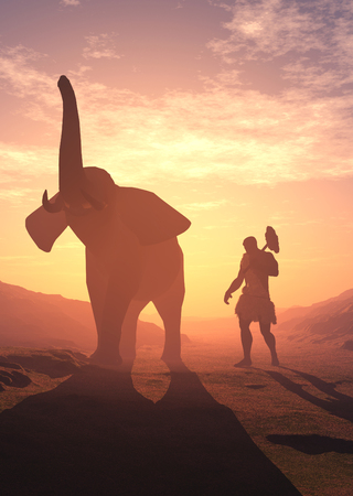 Primitive man and the elephant.の写真素材