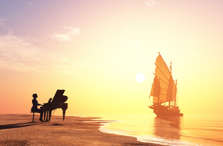 Woman playing the piano on the coast. 3d renderの写真素材