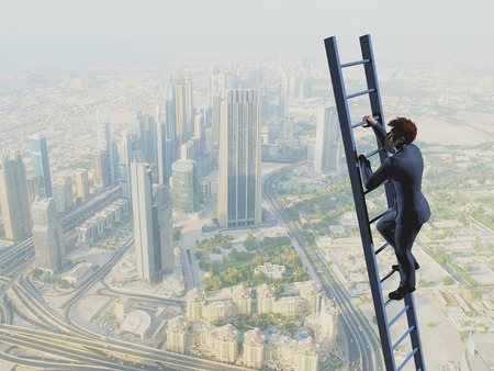 Businessman climbs the stairs to the background of the city. 3D render.の写真素材
