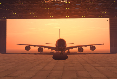 The  passenger aircraft in the hangar.  3d renderの写真素材