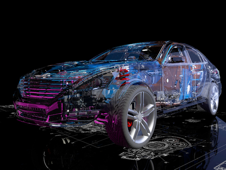 Model cars on the background of the drawing.,3d renderの写真素材