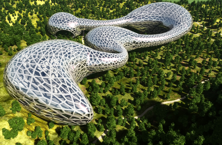 Modern building on a background landscape.3d renderの写真素材