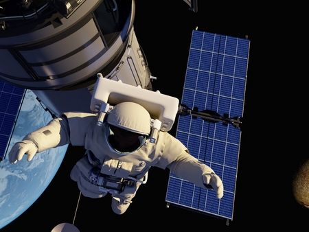 Astronaut and space station in Earth lanshafty background.