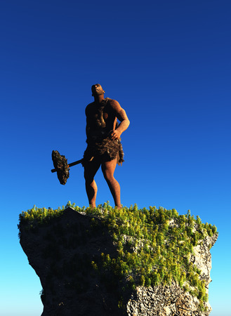 Primitive man on the rock.,3d renderの写真素材