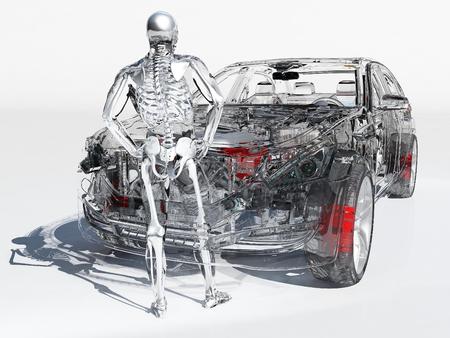Model cars and human skeleton on a white background.3d renderの写真素材