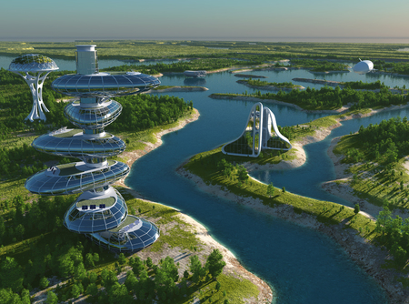 Modern building on a background landscape.3d renderの写真素材