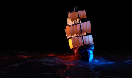 Graphical representation of a sailing boat on a black background.,3d renderの写真素材