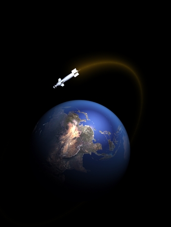 Rocket and globe on black background.  Elemen ts of this image furnished by NASA, 3d render