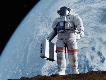 Astronaut with a suitcase walking on the planet.,3d render