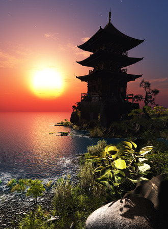 Chinese home against lanshafty.3d renderの写真素材