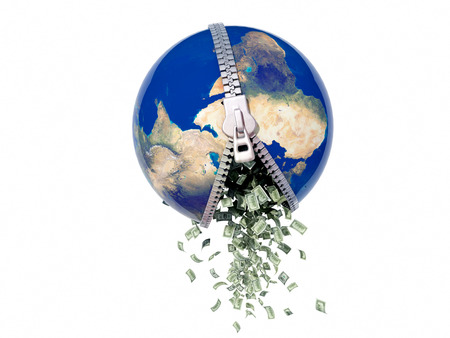 Money falling from the model of the globe. 3D render.の写真素材