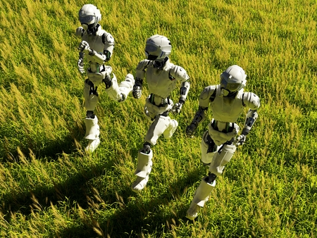 Robots are running on the grass. 3d renderの写真素材