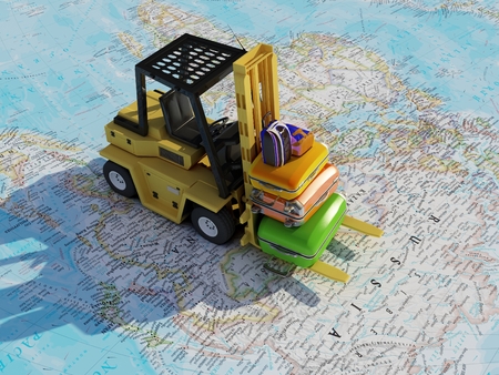 Suitcases on the world map. 3d renderの写真素材