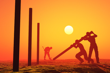 A group of workers puts post,3d renderの写真素材