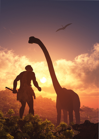 Ancient people against the evening landscape..3d renderの写真素材