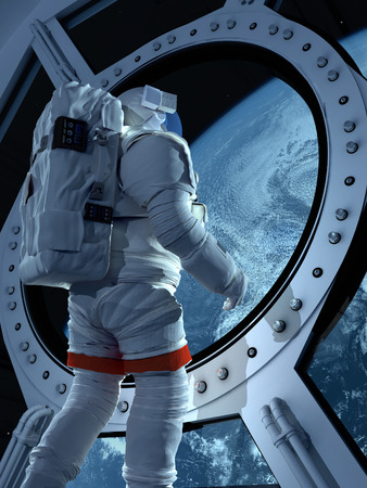 Astronaut is looking at Earth through the porthole..3d renderの写真素材