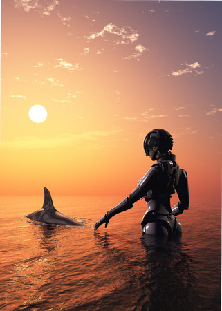 Robot and dolphin in the sea.3d renderの写真素材