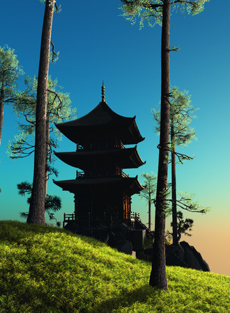 Chinese housein the forest.3d renderの写真素材