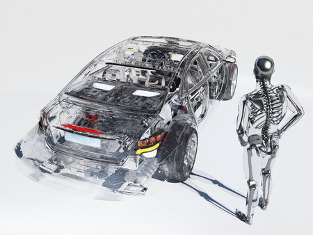 Model cars and human skeleton on a white background.3d renderの写真素材