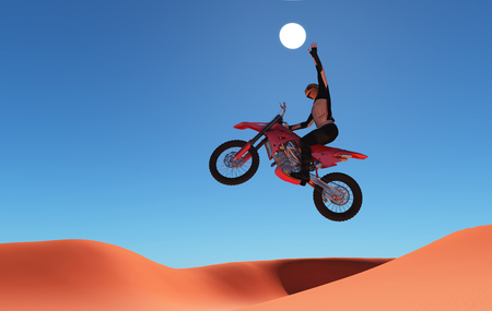 Silhouette of an athlete and a motorcycle in the sky.,3d renderの写真素材