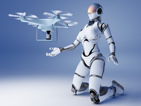 Cyborg launches drone on a blue background. 3d renderの写真素材