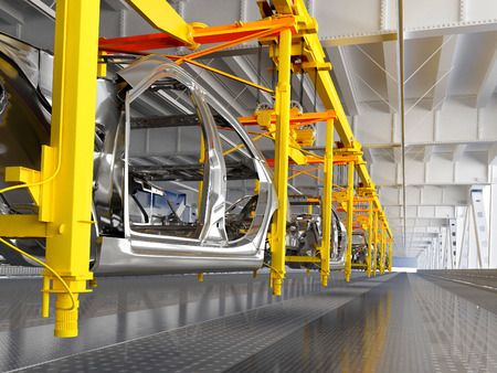 The conveyor for assembly of cars, 3d renderの写真素材