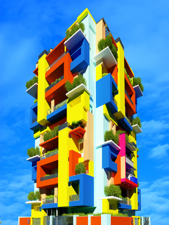 A multicolored skyscraper on a blue background.3d renderの写真素材