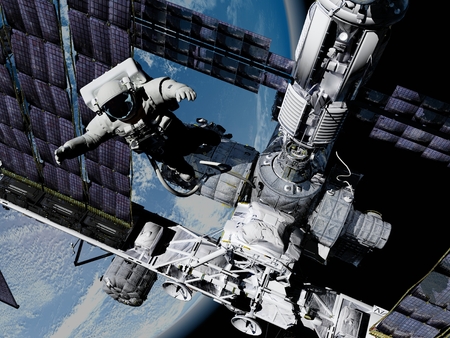 Astronaut and space station in Earth lanshafty background. ,3d render