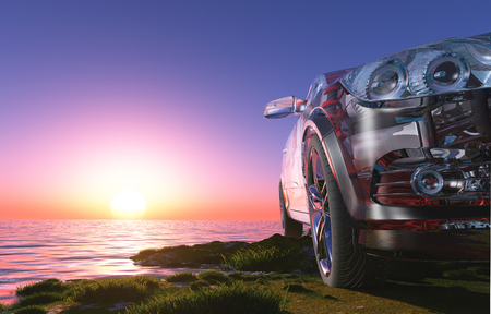 Glass auto on the grass. .3d renderの写真素材