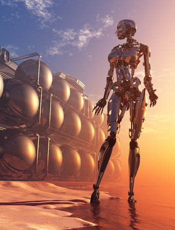 Cyborg girl by the river., 3d renderの写真素材