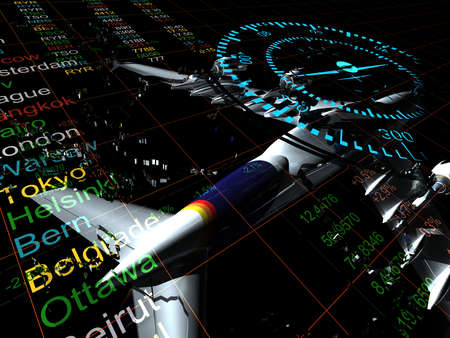 Airplane and cities. , 3d render