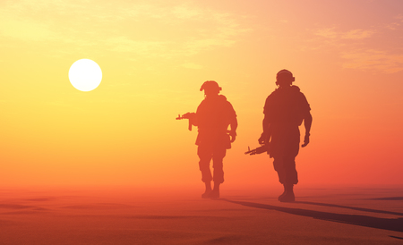 Silhouette of a soldier at sunset., 3d renderの写真素材