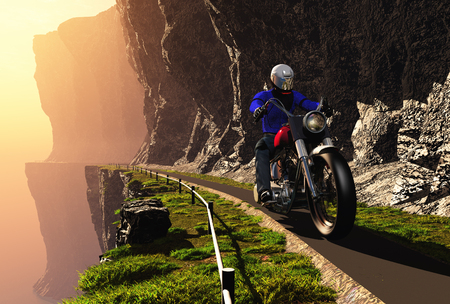 A man on a motorcycle on a mountain road.3D renderの写真素材